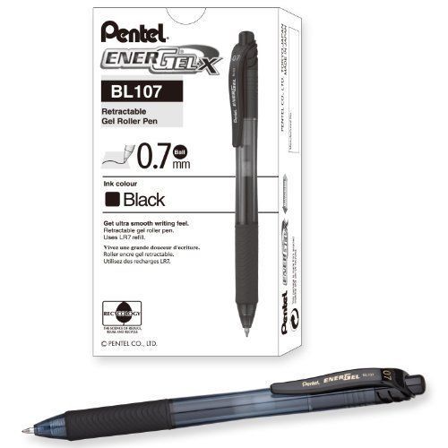 Energel retractable liquid gel pen 0.7mm metal tip black ink box of bl107-a for sale