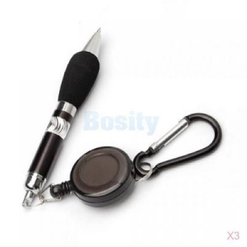 3x Retractable Badge Reel Ballpoint Pen Belt Carabiner Clip Key Ring Black