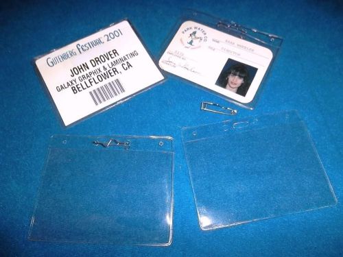 100 BADGE HOLDERS w/removable PIN  3&#034;x4&#034; HORIZONTAL clear flexible VINYL