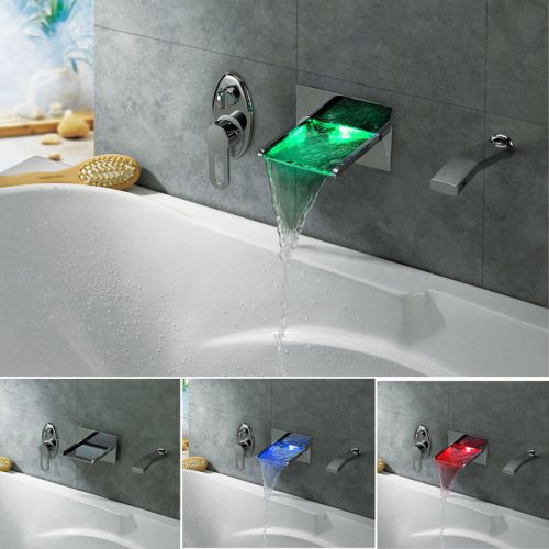 Modern LED Waterfall Roman Tub Filler Faucet Tap in Chrome Finish Free Shipping