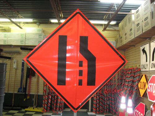 Merge Left Symbol Fluorescent Vinyl With Ribs 48&#034;x48&#034; Roll Up Construction Sign