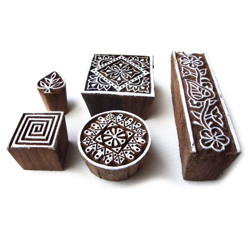 Beautiful Floral Pattern Hand Carved Wooden Block Printing Tags (Set of 5)
