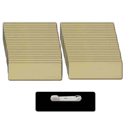 50 BLANK 1 X 3 GOLD NAME BADGES TAGS 1/8&#034; CORNERS AND SAFETY PIN FASTENERS