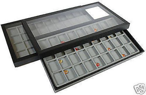 72 COMPARTMENT ACRYLIC LID JEWELRY DISPLAY CASE GRAY