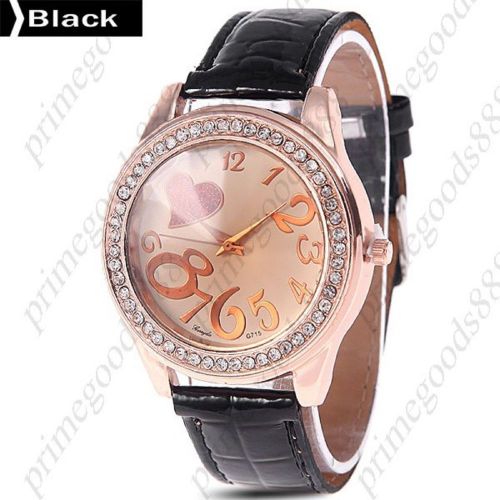 Heart Big Numbers Rhinestones PU Leather Ladies Quartz Wristwatch Women&#039;s Black