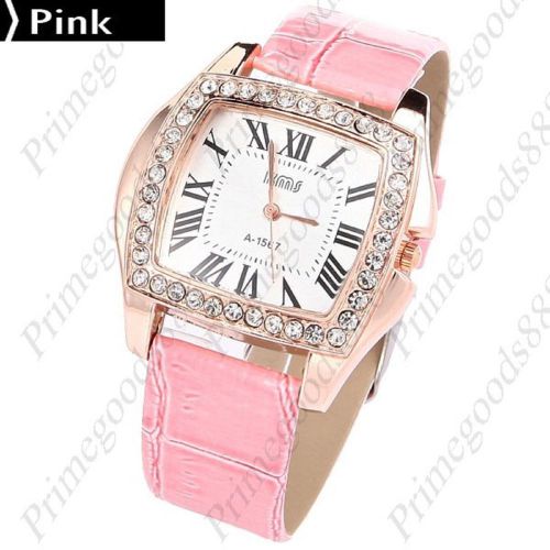 Synthetic Leather Rhinestone Roman Numbers Wrist Quartz Wristwatch Women&#039;s Pink