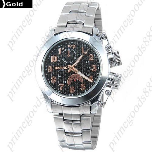 Stainless Steel Band Date Analog Quartz Free Shipping Men&#039;s Wristwatch Gold