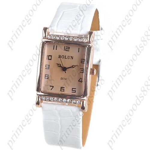Square PU Leather Rhinestones Wrist Quartz Lady Ladies Wristwatch Women&#039;s White
