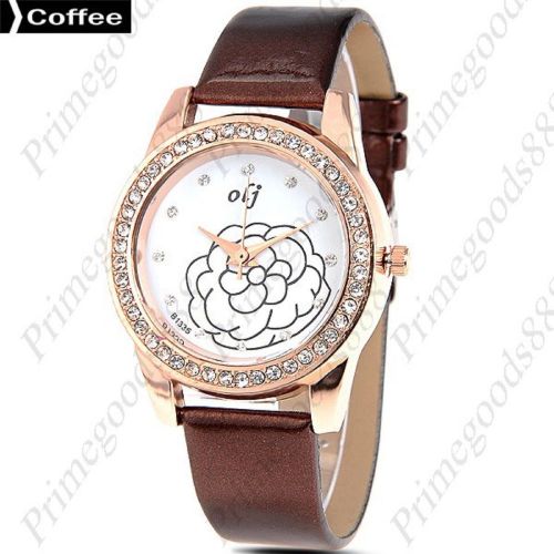 Round Rhinestones PU Leather Analog Quartz Wrist Wristwatch Women&#039;s Coffee