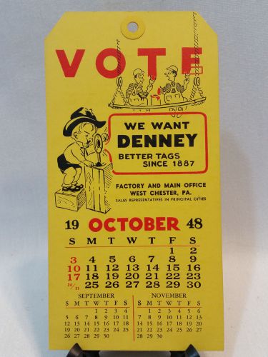 VINTAGE DENNEY TAG CO. OCTOBER 1948 CALENDER TAG - FREE SHIPPING