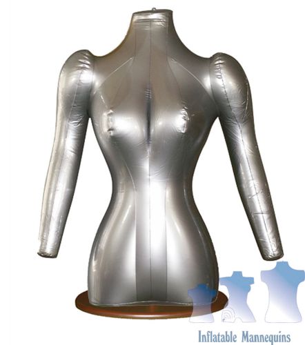 Inflatable Female Torso with Arms, Silver And Wood Table Top Stand, Brown