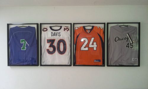 Lot of 4 Sports Jersey Display Cases + Hangers Frame White Backing Shadow Box D