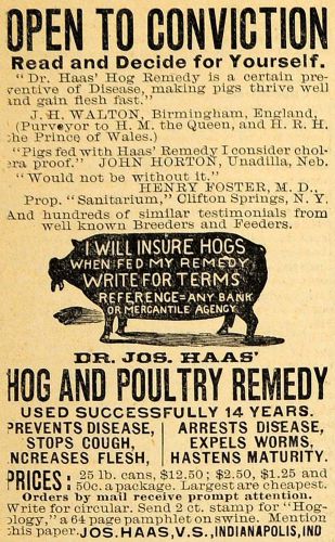 1890 ad dr. haas hog poultry remedy disease prevention agricultural farming aag1 for sale