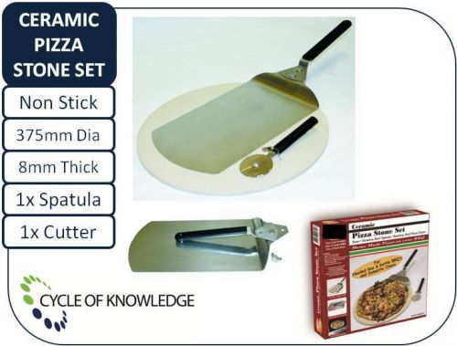 Bbq; ceramic pizza stone set; family size 37cm dia; with stainless steel spatula for sale