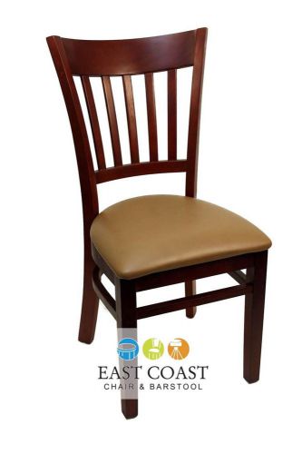 New gladiator mahogany vertical back wooden restaurant chair with tan vinyl seat for sale