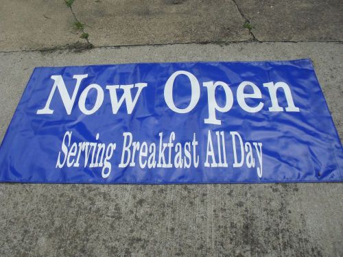 Now Open Serving Breakfast All Day  29&#034; X 60&#034;  Large Blue Banner for Restaurant