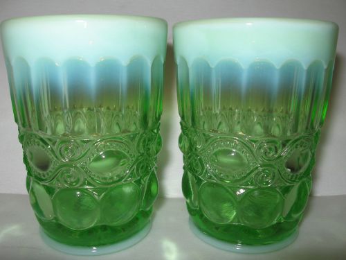 pair of Green Opalescent glass eyewinker pattern tumblers cups goblets set water