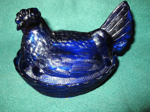 Cobalt Blue Glass Hen On Nest Dish Split Tail