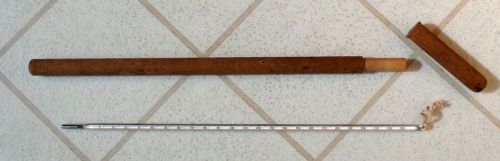 THERMOMETER - GLASS, 0-230&#039; 16&#034; LONG with WOOD CASE.