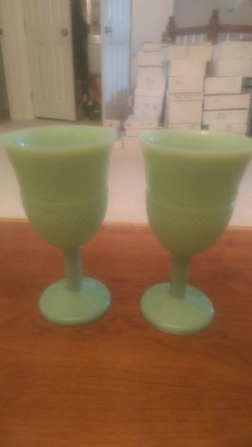 Beautiful Unique Jadeite Green Milk Glass Goblets Big 7  1/2 ” Tall