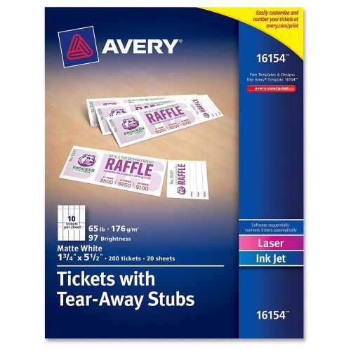 Printable Tickets w/Tear-Away Stubs, 1-3/4 x 5-1/2, Matte White, 200 Tickets/Pk
