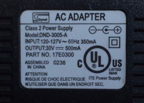 AC ADAPTER CLASS 2 OUTPUT 30V 500MA PRT#17E0300 MODEL #DND-3005-A