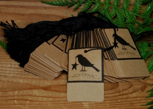 50 CROW Kraft Price Tags --- Perforated &amp; Pre Strung on Heavy stock - primitive