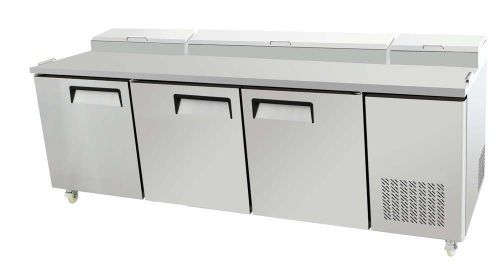 BISON BPT-93 93&#034; 3 DOOR PIZZA PREP TABLE REFRIGERATED W/ CASTERS &amp; PANS