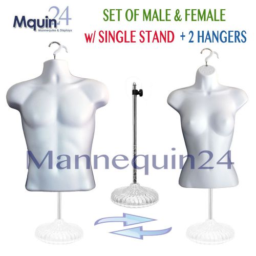 2 Mannequins: MALE &amp; FEMALE TORSO MANNEQUIN FORMS *WHITE + 1 STAND + 2 HANGERS