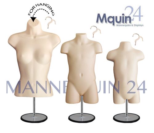3 FLESH FORMS - FEMALE, CHILD &amp; TODDLER BODY MANNEQUINS + 3 STANDS + 3 HANGERS