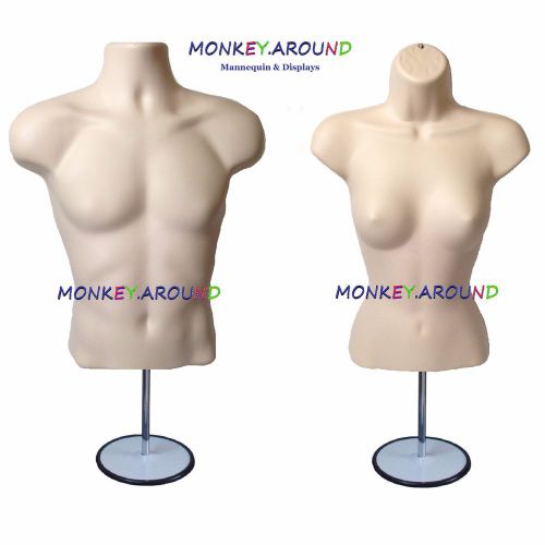 Lot 2 display mannequin male female flesh dress body form+2 hook +2 metal stands for sale