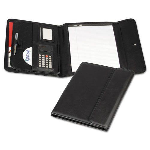 Professional tri-fold padfolio w/calculator, writing pad, vinyl, black for sale