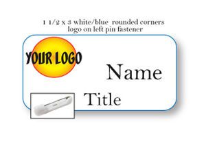 1 white blue name badge color logo on left 2 lines of imprint pin fastener for sale