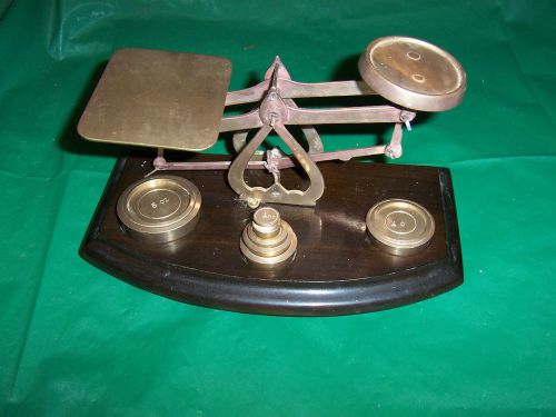 VINTAGE BRASS POSTAL SCALES with SIX brass weights 1/4 oz to 8 oz