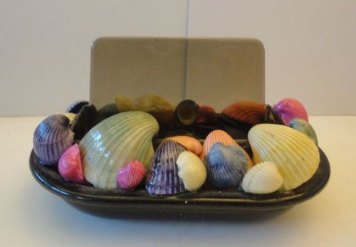 Unique desk  business card holder, black with different size seashells for sale