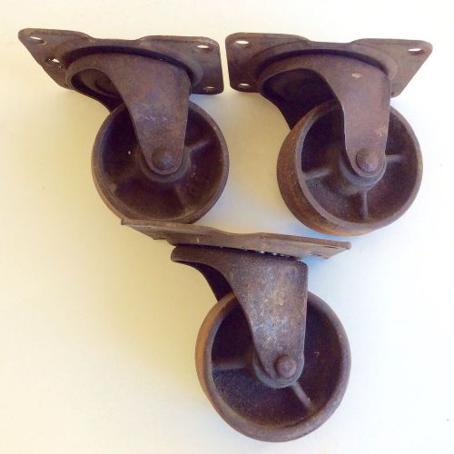 Vintage industrial factory cart casters wheels cast iron swivel set of 3 for sale