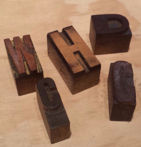 Lot of 5 Wood Letterpress Print Type Block Alphabet Letters