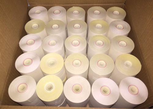 3&#034; (76mm) x 90&#039; 2-Ply Carbonless White/Canary Paper Rolls - 1 Case / 50 Rolls