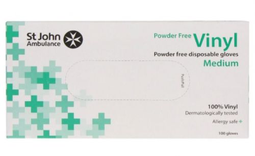 St John Ambulance Vinyl Powder-Free Gloves Medium (Box of 100) Disposable New