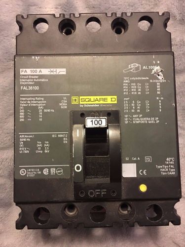 New square d fal36100 circuit breaker 100 amp, 600 volt ac, 250 volt dc, 3-pole for sale