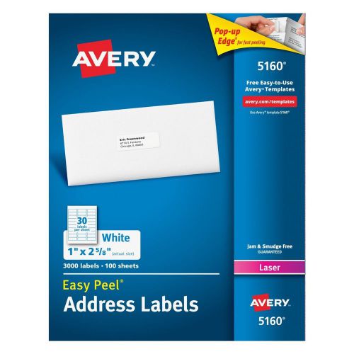 Avery 5160 White Laser Address Labels  , 1&#034; x 2 5/8&#034;, Box Of 3,000