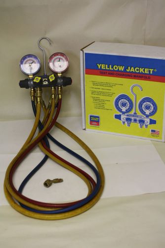 Yellow jacket titan 4-valve manifold gauges w/ hoses hvac refrigeration charging for sale