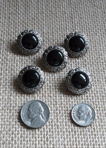5 Elegant Vintage 3/4-inch Silver w/Black Cabochon Shank Buttons - Free Ship