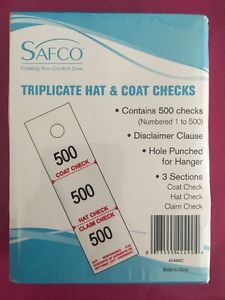 Safco Three-Part Coat Room Checks Paper 1 1/2 x 5 White 500/Box BRAND NEW