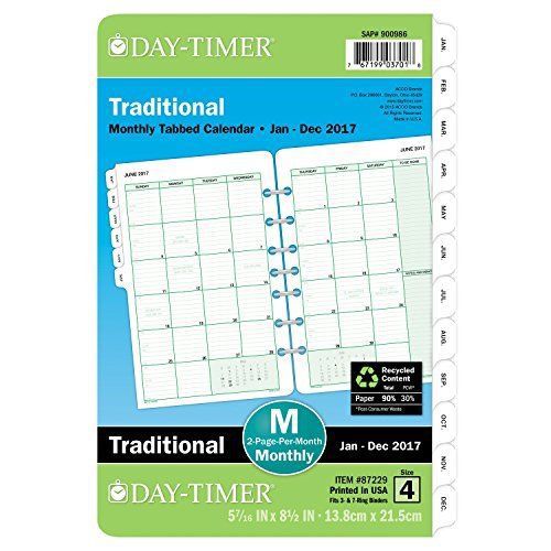 Day-Timer Monthly Planner Refill 2017 Two Page Per Month Loose Leaf 5.5 X 8.5&#034;