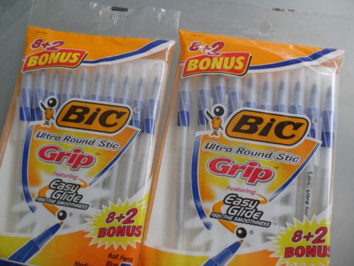 20 BIC Ultra Round Stic Grip Ball Pen, Blue Ink, Medium Point  2 Packs of 10 NEW