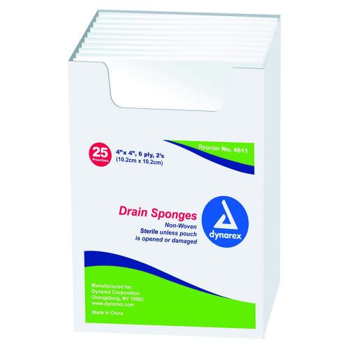 Dynarex Drain Sponges, Sterile, 4&#034; x 4&#034;, 6 Ply, 25 Pouches of 2 (3 PACK)