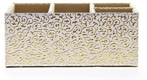 Gilded Gold White Leather Office Desk Organizer Caddy 4 Slot Pen Phone Storage