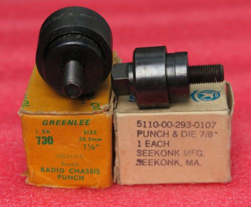 2 ea. Sheet Metal Round Hole Punches 1-1/8&#034; &amp; 7/8&#034; Greenlee 730 &amp; Seekonk