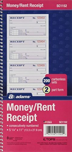 Adams money and rent receipt book, 2-part carbonless, 5 1/4 x 11 inch detached, for sale